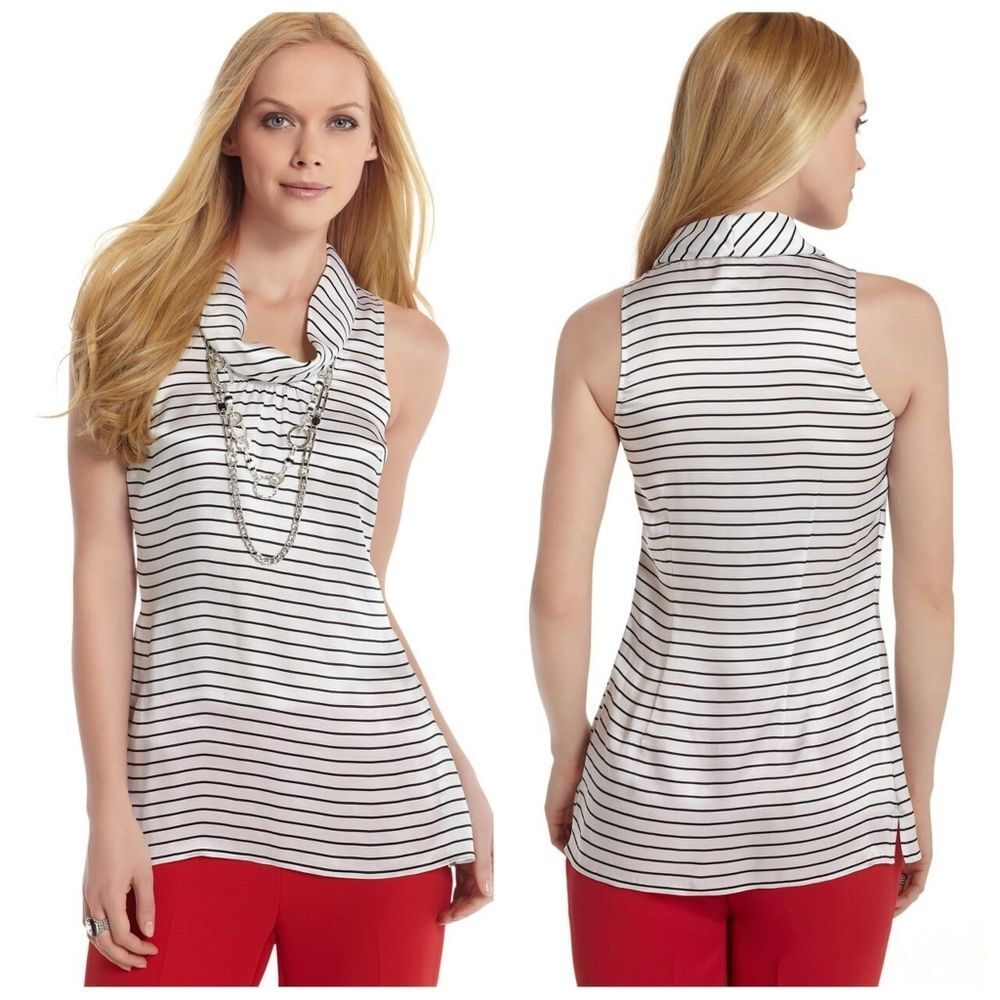 WHBM|100% Silk Striped Sleeveless Cowl Neck Blouse, MEDIUM